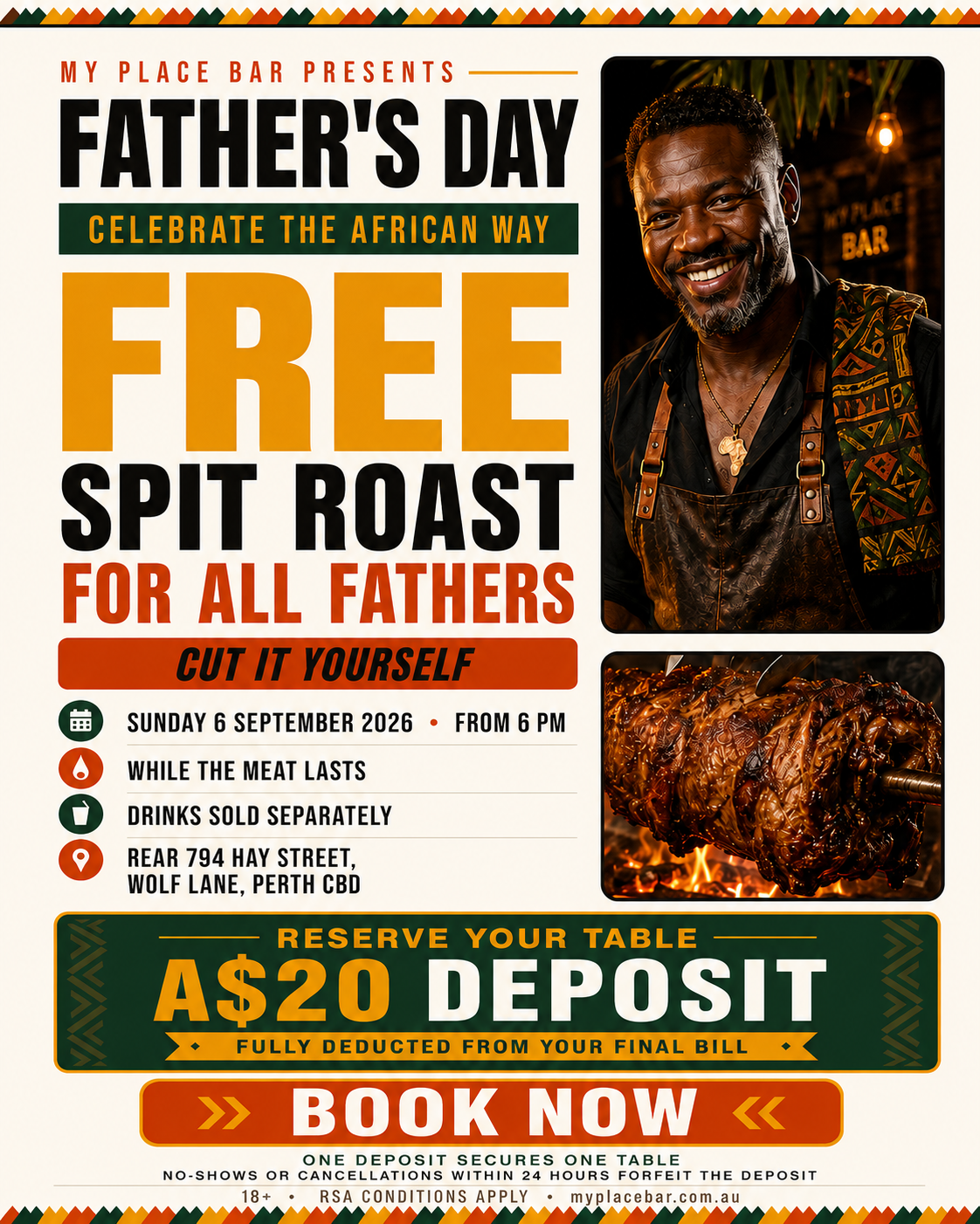 Father’s Day free spit roast for fathers at My Place Bar on Sunday 6 September 2026